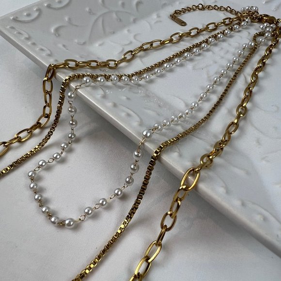 3 Layer Pearl Necklace Three Layer Pearl Necklace Gold Layered Chain Necklace - Picture 12 of 13